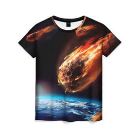 Женская футболка 3D с принтом Метеориты в Петрозаводске, 100% полиэфир ( синтетическое хлопкоподобное полотно) | прямой крой, круглый вырез горловины, длина до линии бедер | астероид | земля | космос | метеор | планета