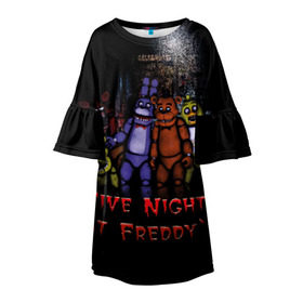 Детское платье 3D с принтом Five Nights At Freddy`s в Петрозаводске, 100% полиэстер | прямой силуэт, чуть расширенный к низу. Круглая горловина, на рукавах — воланы | five nights at freddys | five nights at freddys по мотивам игрыfreddy | игры | мишка | фнаф | фредди