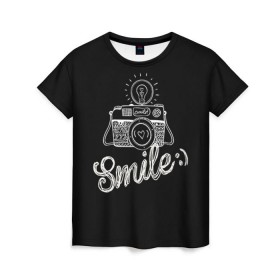 Женская футболка 3D с принтом Smile в Петрозаводске, 100% полиэфир ( синтетическое хлопкоподобное полотно) | прямой крой, круглый вырез горловины, длина до линии бедер | camera | smile | вспышка | зеркалка | камера | фотик | фото | фотоаппарат | фотографировать