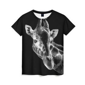 Женская футболка 3D с принтом Жираф в Петрозаводске, 100% полиэфир ( синтетическое хлопкоподобное полотно) | прямой крой, круглый вырез горловины, длина до линии бедер | африка | животное | жираф | фон | фото | черно белое | черный