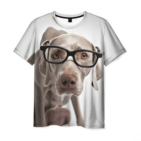 Мужская футболка 3D с принтом Собака в очках в Петрозаводске, 100% полиэфир | прямой крой, круглый вырез горловины, длина до линии бедер | в очках | дог | животное | очки | прикол | пятнистый | собака | щенок