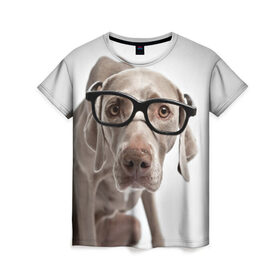 Женская футболка 3D с принтом Собака в очках в Петрозаводске, 100% полиэфир ( синтетическое хлопкоподобное полотно) | прямой крой, круглый вырез горловины, длина до линии бедер | в очках | дог | животное | очки | прикол | пятнистый | собака | щенок
