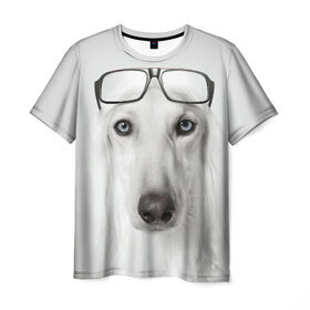 Мужская футболка 3D с принтом Собака в очках в Петрозаводске, 100% полиэфир | прямой крой, круглый вырез горловины, длина до линии бедер | афганская | белая | борзая | в очках | животное | очки | прикол | собака