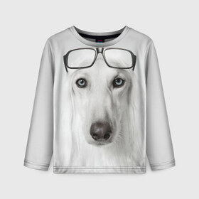 Детский лонгслив 3D с принтом Собака в очках в Петрозаводске, 100% полиэстер | длинные рукава, круглый вырез горловины, полуприлегающий силуэт
 | Тематика изображения на принте: афганская | белая | борзая | в очках | животное | очки | прикол | собака