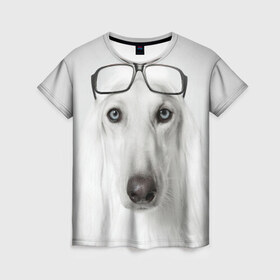 Женская футболка 3D с принтом Собака в очках в Петрозаводске, 100% полиэфир ( синтетическое хлопкоподобное полотно) | прямой крой, круглый вырез горловины, длина до линии бедер | афганская | белая | борзая | в очках | животное | очки | прикол | собака