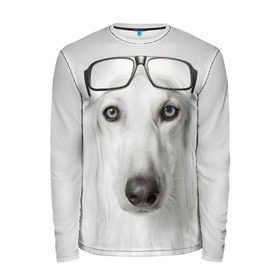 Мужской лонгслив 3D с принтом Собака в очках в Петрозаводске, 100% полиэстер | длинные рукава, круглый вырез горловины, полуприлегающий силуэт | афганская | белая | борзая | в очках | животное | очки | прикол | собака