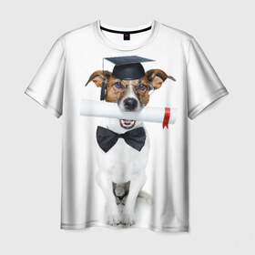 Мужская футболка 3D с принтом Собака выпускник в Петрозаводске, 100% полиэфир | прямой крой, круглый вырез горловины, длина до линии бедер | бабочка | галстук | диплом | магистр | пес