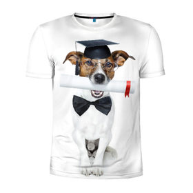Мужская футболка 3D спортивная с принтом Собака выпускник в Петрозаводске, 100% полиэстер с улучшенными характеристиками | приталенный силуэт, круглая горловина, широкие плечи, сужается к линии бедра | бабочка | галстук | диплом | магистр | пес
