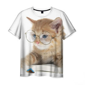Мужская футболка 3D с принтом Кот в очках в Петрозаводске, 100% полиэфир | прямой крой, круглый вырез горловины, длина до линии бедер | домашнее | животное | книга | кот | кот в очках | котэ | очки | прикол | умный | ученый | читает