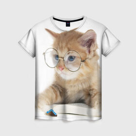 Женская футболка 3D с принтом Кот в очках в Петрозаводске, 100% полиэфир ( синтетическое хлопкоподобное полотно) | прямой крой, круглый вырез горловины, длина до линии бедер | домашнее | животное | книга | кот | кот в очках | котэ | очки | прикол | умный | ученый | читает