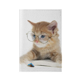 Обложка для паспорта матовая кожа с принтом Кот в очках в Петрозаводске, натуральная матовая кожа | размер 19,3 х 13,7 см; прозрачные пластиковые крепления | домашнее | животное | книга | кот | кот в очках | котэ | очки | прикол | умный | ученый | читает