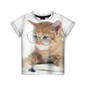 Детская футболка 3D с принтом Кот в очках в Петрозаводске, 100% гипоаллергенный полиэфир | прямой крой, круглый вырез горловины, длина до линии бедер, чуть спущенное плечо, ткань немного тянется | домашнее | животное | книга | кот | кот в очках | котэ | очки | прикол | умный | ученый | читает