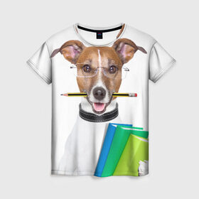 Женская футболка 3D с принтом Ученый пес в Петрозаводске, 100% полиэфир ( синтетическое хлопкоподобное полотно) | прямой крой, круглый вырез горловины, длина до линии бедер | домашнее | животное | карандаш | книги | очки | ошейник | пес | прикол | собака в очках | умный | ученый