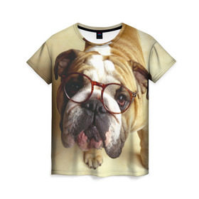 Женская футболка 3D с принтом Бульдог в очках в Петрозаводске, 100% полиэфир ( синтетическое хлопкоподобное полотно) | прямой крой, круглый вырез горловины, длина до линии бедер | бульдог в очках | домашнее | животное | очки | пес | прикол | собака | умный | ученый
