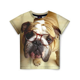 Детская футболка 3D с принтом Бульдог в очках в Петрозаводске, 100% гипоаллергенный полиэфир | прямой крой, круглый вырез горловины, длина до линии бедер, чуть спущенное плечо, ткань немного тянется | бульдог в очках | домашнее | животное | очки | пес | прикол | собака | умный | ученый
