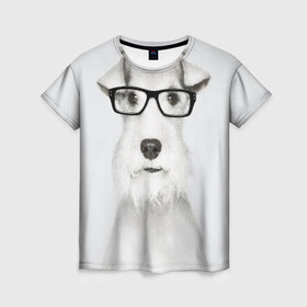 Женская футболка 3D с принтом Собака в очках в Петрозаводске, 100% полиэфир ( синтетическое хлопкоподобное полотно) | прямой крой, круглый вырез горловины, длина до линии бедер | белый | домашнее | животное | очки | пес | прикол | собака в очках | умный | ученый | эрдельтерьер
