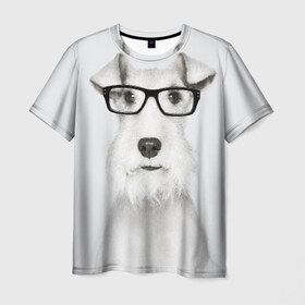 Мужская футболка 3D с принтом Собака в очках в Петрозаводске, 100% полиэфир | прямой крой, круглый вырез горловины, длина до линии бедер | Тематика изображения на принте: белый | домашнее | животное | очки | пес | прикол | собака в очках | умный | ученый | эрдельтерьер