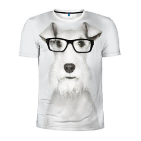 Мужская футболка 3D спортивная с принтом Собака в очках в Петрозаводске, 100% полиэстер с улучшенными характеристиками | приталенный силуэт, круглая горловина, широкие плечи, сужается к линии бедра | Тематика изображения на принте: белый | домашнее | животное | очки | пес | прикол | собака в очках | умный | ученый | эрдельтерьер