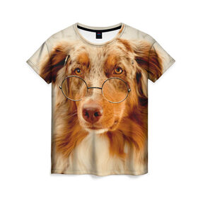 Женская футболка 3D с принтом Собака в очках в Петрозаводске, 100% полиэфир ( синтетическое хлопкоподобное полотно) | прямой крой, круглый вырез горловины, длина до линии бедер | домашнее | животное | очки | пес | прикол | собака в очках | умный | ученый
