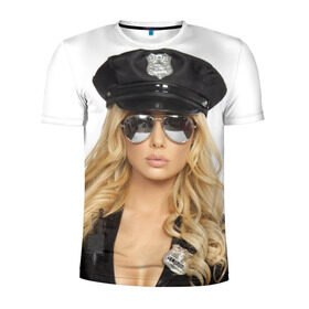 Мужская футболка 3D спортивная с принтом Девушка полицейский в Петрозаводске, 100% полиэстер с улучшенными характеристиками | приталенный силуэт, круглая горловина, широкие плечи, сужается к линии бедра | Тематика изображения на принте: блондинка | девушка | кожа | очки | форма | фуражка