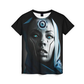 Женская футболка 3D с принтом Девушка андроид в Петрозаводске, 100% полиэфир ( синтетическое хлопкоподобное полотно) | прямой крой, круглый вырез горловины, длина до линии бедер | андроид | глаз | девушка | киборг | робот | третий