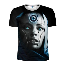 Мужская футболка 3D спортивная с принтом Девушка андроид в Петрозаводске, 100% полиэстер с улучшенными характеристиками | приталенный силуэт, круглая горловина, широкие плечи, сужается к линии бедра | андроид | глаз | девушка | киборг | робот | третий