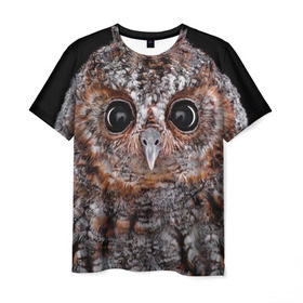 Мужская футболка 3D с принтом Сова в Петрозаводске, 100% полиэфир | прямой крой, круглый вырез горловины, длина до линии бедер | взгляд | гипноз | гипнотический | глаза | мистическая | ночная | ночь | птица | сова | фон | хищник | черный