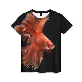 Женская футболка 3D с принтом Бойцовая рыбка в Петрозаводске, 100% полиэфир ( синтетическое хлопкоподобное полотно) | прямой крой, круглый вырез горловины, длина до линии бедер | аквариумная | бойцовая | красивый | плавники | рыба | рыбка | хвост | япаонская