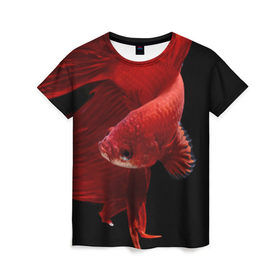 Женская футболка 3D с принтом Бойцовая рыбка в Петрозаводске, 100% полиэфир ( синтетическое хлопкоподобное полотно) | прямой крой, круглый вырез горловины, длина до линии бедер | Тематика изображения на принте: аквариумная | бойцовая | красивый | плавники | рыба | рыбка | хвост | япаонская