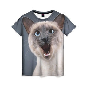Женская футболка 3D с принтом Злой кот в Петрозаводске, 100% полиэфир ( синтетическое хлопкоподобное полотно) | прямой крой, круглый вырез горловины, длина до линии бедер | взгляд | домашнее | животное | злой | зубы | клыки | кот | котэ | кошка | оскал | сеамский