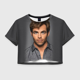 Женская футболка 3D укороченная с принтом Крис Пайн в Петрозаводске, 100% полиэстер | круглая горловина, длина футболки до линии талии, рукава с отворотами | celebrity | chris pine | актёр | американский | знаменитость | крис пайн