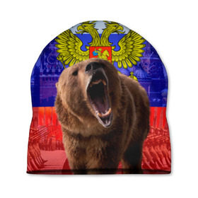 Шапка 3D с принтом Русский медведь и герб в Петрозаводске, 100% полиэстер | универсальный размер, печать по всей поверхности изделия | герб | медведь | россия | русский | русский медведь