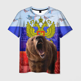 Мужская футболка 3D с принтом Русский медведь и герб в Петрозаводске, 100% полиэфир | прямой крой, круглый вырез горловины, длина до линии бедер | Тематика изображения на принте: герб | медведь | россия | русский | русский медведь
