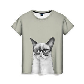 Женская футболка 3D с принтом Кот - хипстер в Петрозаводске, 100% полиэфир ( синтетическое хлопкоподобное полотно) | прямой крой, круглый вырез горловины, длина до линии бедер | cat | hipster | кот | кошка | хипстер