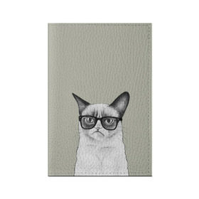 Обложка для паспорта матовая кожа с принтом Кот - хипстер в Петрозаводске, натуральная матовая кожа | размер 19,3 х 13,7 см; прозрачные пластиковые крепления | Тематика изображения на принте: cat | hipster | кот | кошка | хипстер