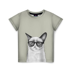 Детская футболка 3D с принтом Кот - хипстер в Петрозаводске, 100% гипоаллергенный полиэфир | прямой крой, круглый вырез горловины, длина до линии бедер, чуть спущенное плечо, ткань немного тянется | Тематика изображения на принте: cat | hipster | кот | кошка | хипстер