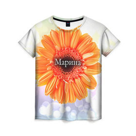 Женская футболка 3D с принтом Марина в Петрозаводске, 100% полиэфир ( синтетическое хлопкоподобное полотно) | прямой крой, круглый вырез горловины, длина до линии бедер | девушке | имя | любимой | марина | подарок | подарок любимой | подарок на 8 марта | подарок на день рождения | с 8 марта | цветок | цветы
