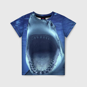 Детская футболка 3D с принтом Белая акула в Петрозаводске, 100% гипоаллергенный полиэфир | прямой крой, круглый вырез горловины, длина до линии бедер, чуть спущенное плечо, ткань немного тянется | shark | море | синий