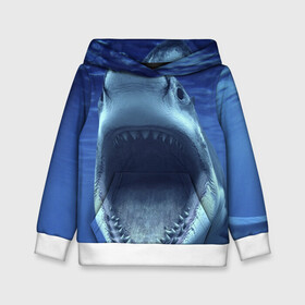 Детская толстовка 3D с принтом Белая акула в Петрозаводске, 100% полиэстер | двухслойный капюшон со шнурком для регулировки, мягкие манжеты на рукавах и по низу толстовки, спереди карман-кенгуру с мягким внутренним слоем | shark | море | синий