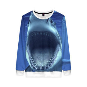 Женский свитшот 3D с принтом Белая акула в Петрозаводске, 100% полиэстер с мягким внутренним слоем | круглый вырез горловины, мягкая резинка на манжетах и поясе, свободная посадка по фигуре | shark | море | синий