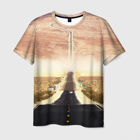 Мужская футболка 3D с принтом Дорога вперед в Петрозаводске, 100% полиэфир | прямой крой, круглый вырез горловины, длина до линии бедер | асфальт | дорога | жизнь | пустыня | путь