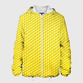Мужская куртка 3D с принтом Соты в Петрозаводске, ткань верха — 100% полиэстер, подклад — флис | прямой крой, подол и капюшон оформлены резинкой с фиксаторами, два кармана без застежек по бокам, один большой потайной карман на груди. Карман на груди застегивается на липучку | yellow | вкусные | еда | желтый | прикольные | пчелы | соты