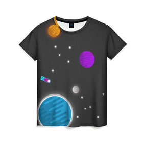 Женская футболка 3D с принтом Космос в Петрозаводске, 100% полиэфир ( синтетическое хлопкоподобное полотно) | прямой крой, круглый вырез горловины, длина до линии бедер | галактика | звезды | земля | метеорит | солнце