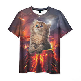 Мужская футболка 3D с принтом Кот на вулкане в Петрозаводске, 100% полиэфир | прямой крой, круглый вырез горловины, длина до линии бедер | вулкан | извержение | кот | котенок | лава | метеорит