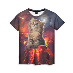 Женская футболка 3D с принтом Кот на вулкане в Петрозаводске, 100% полиэфир ( синтетическое хлопкоподобное полотно) | прямой крой, круглый вырез горловины, длина до линии бедер | вулкан | извержение | кот | котенок | лава | метеорит