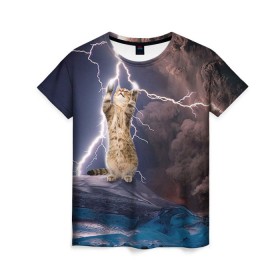 Женская футболка 3D с принтом Кот и молния в Петрозаводске, 100% полиэфир ( синтетическое хлопкоподобное полотно) | прямой крой, круглый вырез горловины, длина до линии бедер | буря | гроза | кот | котенок | молния | облака