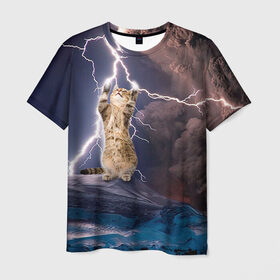 Мужская футболка 3D с принтом Кот и молния в Петрозаводске, 100% полиэфир | прямой крой, круглый вырез горловины, длина до линии бедер | буря | гроза | кот | котенок | молния | облака
