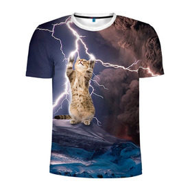 Мужская футболка 3D спортивная с принтом Кот и молния в Петрозаводске, 100% полиэстер с улучшенными характеристиками | приталенный силуэт, круглая горловина, широкие плечи, сужается к линии бедра | буря | гроза | кот | котенок | молния | облака
