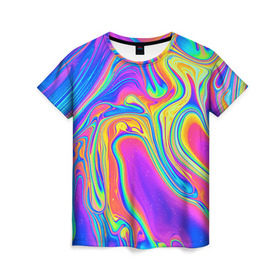 Женская футболка 3D с принтом Цветные разводы в Петрозаводске, 100% полиэфир ( синтетическое хлопкоподобное полотно) | прямой крой, круглый вырез горловины, длина до линии бедер | абстракция | краска | разводы | узор