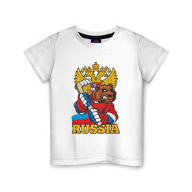 Детская футболка хлопок с принтом Только Русский Хоккей! в Петрозаводске, 100% хлопок | круглый вырез горловины, полуприлегающий силуэт, длина до линии бедер | медведь | россия | русский | хоккей | чемпион | шайба